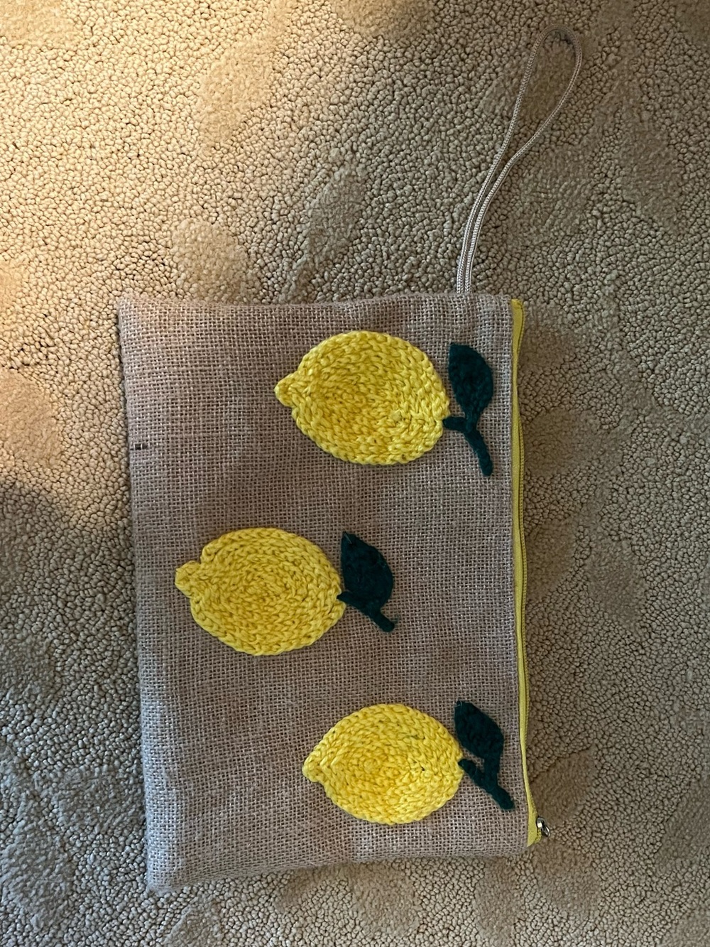 NWT Moroccan Lemon Crochet Appliqué Burlap Wristlet - Yellow